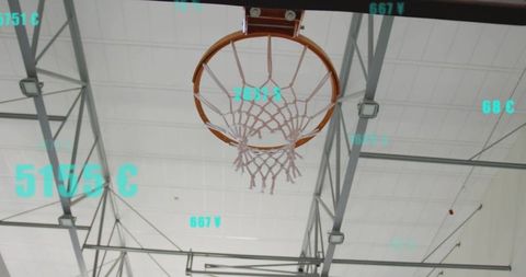 Underhoop featuring orange basketball rim and white net in indoor gym with cyan data overlay