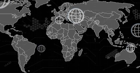 Digital World Map with Globe Icons and Dark Background - Download Free Stock Images Pikwizard.com