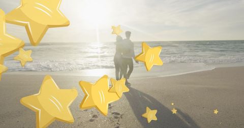 Couple Walking on Beach with Star Graphics Overlay - Download Free Stock Images Pikwizard.com