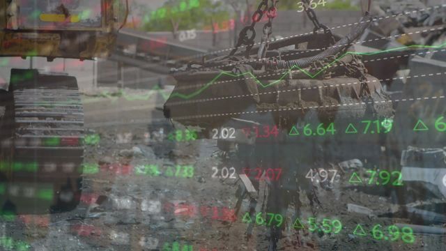 Visual combining digital data analytics with an industrial waste management scene. The video can be utilized to illustrate themes such as the intersection of technology and environmental issues, the application of data in improving industry efficiency, sustainability efforts within heavy industry, and the global business impact on the environment.