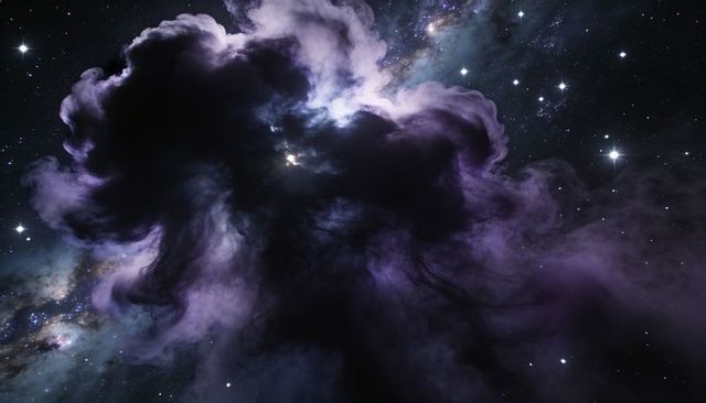 Vast dark purple nebula cloud with wispy filaments and milky way starfield, cosmic gas