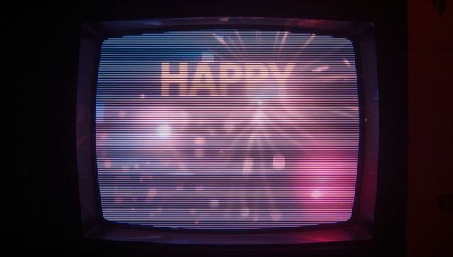 Retro crt tv playing happy fireworks with scan lines, neon glow and vintage bokeh