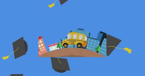 Graduation Hats Falling with School Bus Icon on Blue Background