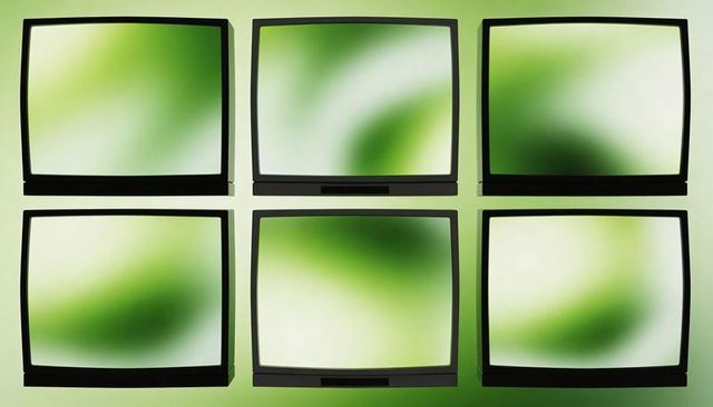 Retro crt monitor grid displaying soft green gradients, vintage tv screens in 2x3 array