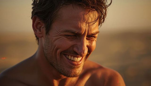 Smiling shirtless man basking in golden-hour sunlight on beach sunset closeup