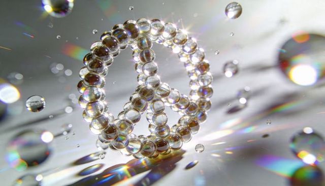 Shimmering glass bead peace symbol refracting rainbow light, iridescent crystal macro