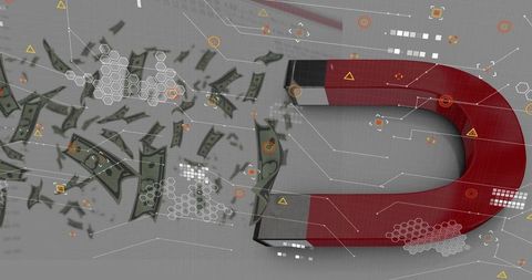Red horseshoe magnet attracting digital dollars and fintech data visualization