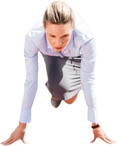 Transparent businesswoman in starting position prepares for success