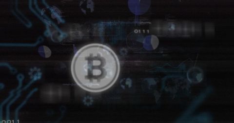 Glowing Bitcoin Token Floating over Dark Blockchain Dashboard with Cyan Circuits, Neon Glitch