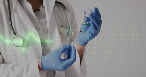 Clinician preparing vaccine syringe with vial and stethoscope, ecg overlay
