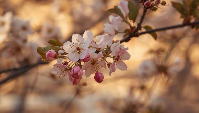 Backlit pink cherry blossom branch closeup with buds and golden bokeh glow