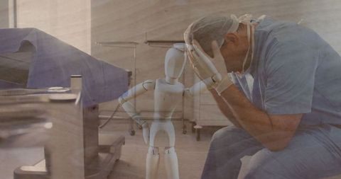 Stressed Doctor with Wooden Puppet in Hospital Setting