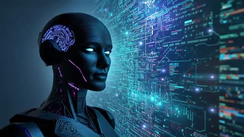 Futuristic Android Activating and Syncing to Network Data Wall, Neon Holographic Interface