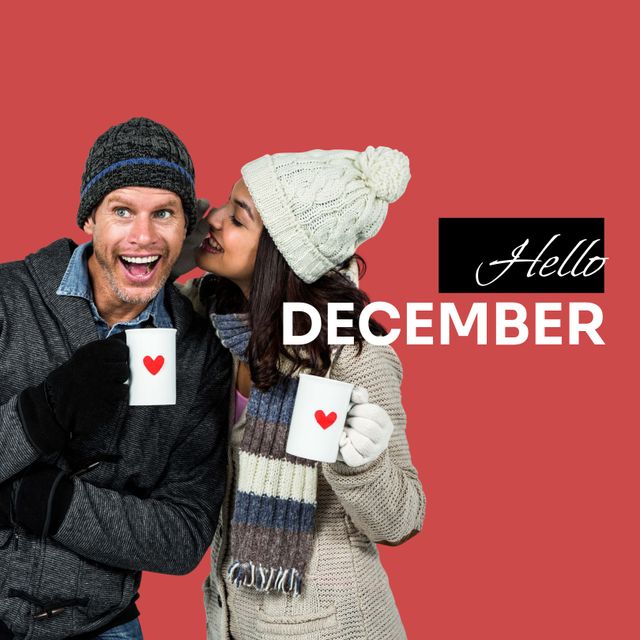 Happy couple dressed in warm hats and scarves, holding coffee mugs with heart designs, smiling and embracing the holiday cheer. Ideal for use in holiday greeting cards, social media posts celebrating the beginning of December, winter couple themes, or seasonal marketing campaigns.