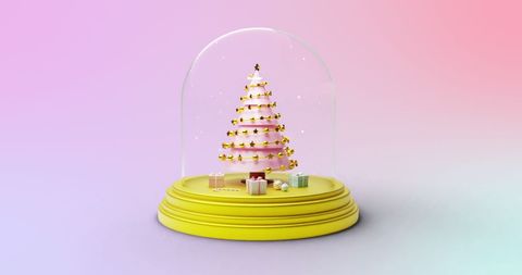 Festive Snow Globe with Christmas Tree on Pink Gradient