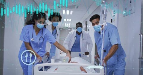 Emergency Medical Team in Hospital Corridor with Graphical Elements