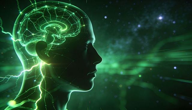 Futuristic holographic human head with glowing neural network brain in green ai concept