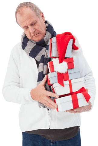 Senior Man with Holiday Gifts on Transparent Background