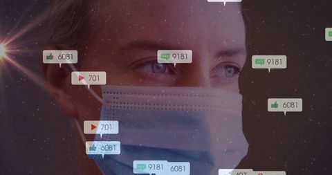 Masked woman gazing right with social media notification overlays and lens flare