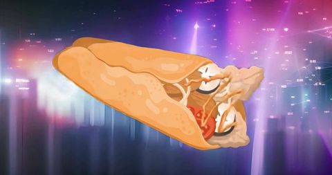 Futuristic neon pita wrap with seasoned meat, tomatoes and dripping white sauce