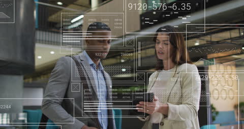 Diverse Team Analyzing Digital Reports with High-Tech Interface