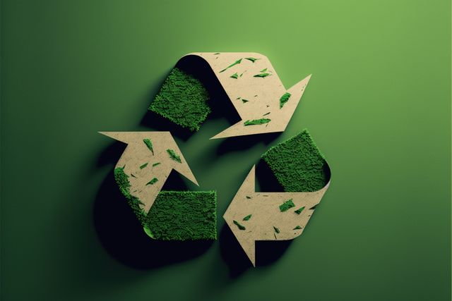 Recycling symbol with grass on green background, created using generative ai technology. Recycling and ecology concept digitally generated image.