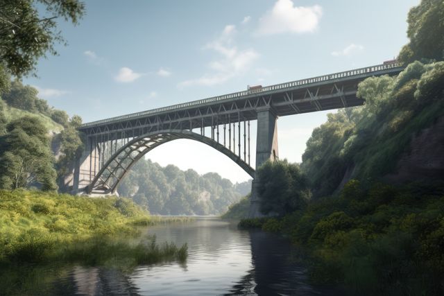 Bridge crossing river in forest over blue sky, created using generative ai technology. Building, construction, architecture, digitally generated video.