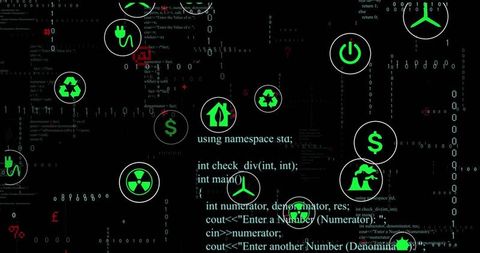 Floating green icons above code background highlight sustainable technology