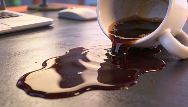 Tipped coffee mug spilling dark coffee across office desk with laptop, mouse and ripples