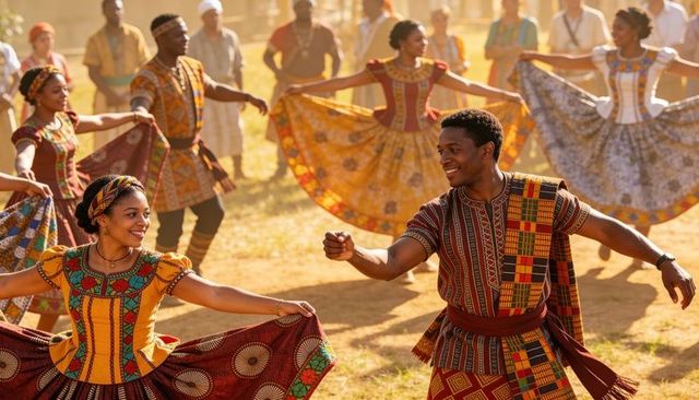 Sunlit outdoor festival featuring dancing couple in vibrant african print costumes