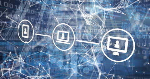 Digital Communications Network Concept with Tech Icons