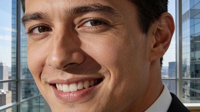 Smiling young businessman in high-rise office with city skyline and glass windows