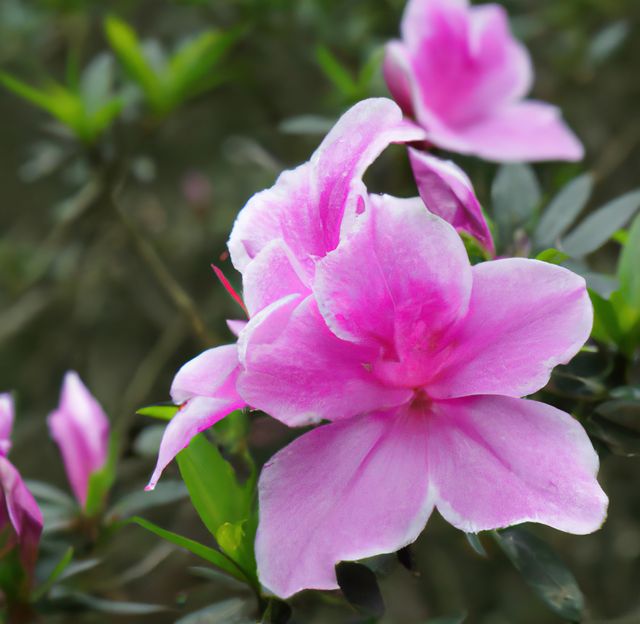 This image features a close-up view of a blooming pink azalea flower. The delicate petals are prominently displayed, showcasing the beauty of nature in a garden setting. This can be used for horticultural publications, botanical studies, landscaping projects, or to add a touch of natural beauty to websites and marketing materials focused on nature, gardening, or floristry.