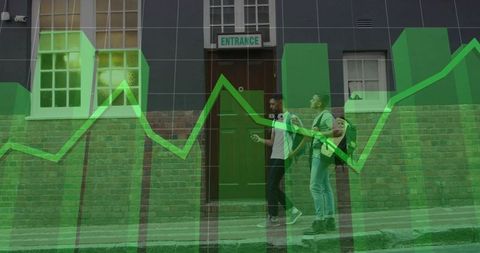 Urban friends walking and checking smartphone with green finance graph overlay