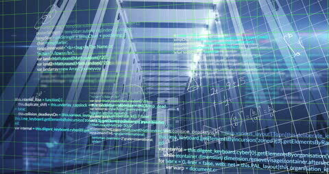 Futuristic Server Room with Digital Code Overlay