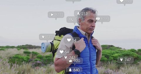Middle-aged hiker on coastal trail surrounded by social media icons