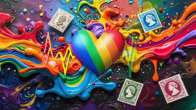 Abstract Rainbow Heart and Stamps on Colorful Canvas