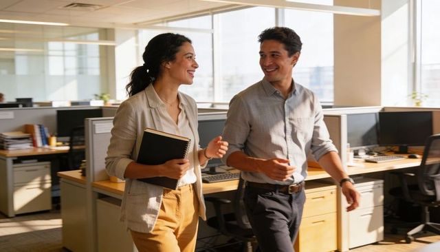 Two Colleagues Walking and Chatting in Modern Open-Plan Office During Busy Workday
