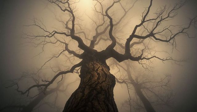 Mysterious foggy tree canopy with twisting branches