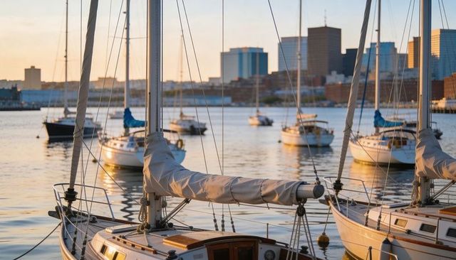 Golden-hour sailboats at urban marina with skyline reflections and warm rigging glow