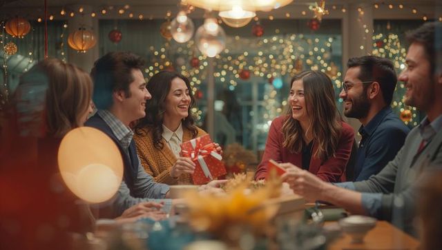 Friends Exchanging Gifts at Festive Dining Table During Holiday Celebration