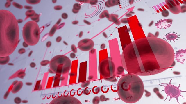 Digital visualization merges Covid-19 data analytics with imagery of red blood cells, emphasizing medical data and health statistics. Suitable for presentations, healthcare reports, medical websites, or scientific research illustrating the integration of disease statistics with medical imaging. Useful for projects that require a blend of health data representation and visual medical elements to convey the impact of the pandemic.