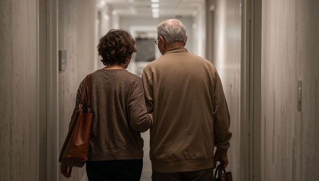 Senior couple walking arm in arm down hallway carrying leather tote and satchel