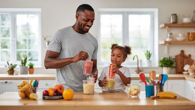 Happy father and daughter blending fruit smoothies on kitchen island in natural light