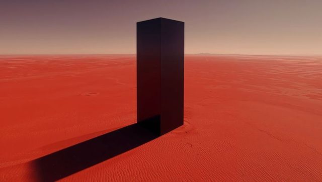 Black monolith towering over red desert casting long shadow surreal minimalist scene