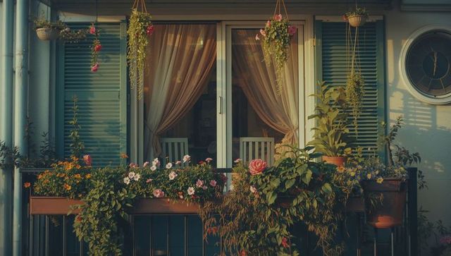 Romantic Balcony with Floral Arrangement at Sunset