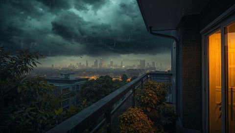 Balcony overlooking moody rainy city skyline with warm-lit doorway and potted plants