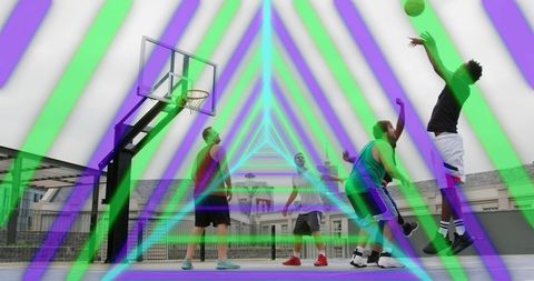 Urban Rooftop Basketball Game with Neon Light Effects