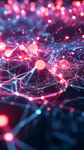 Gliding over neon mesh with pulsing conical node focus | Abstract network data vertical video