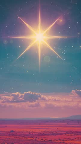 Vertical video: Pulsing eight-rayed star beaming halo over pink plain at twilight